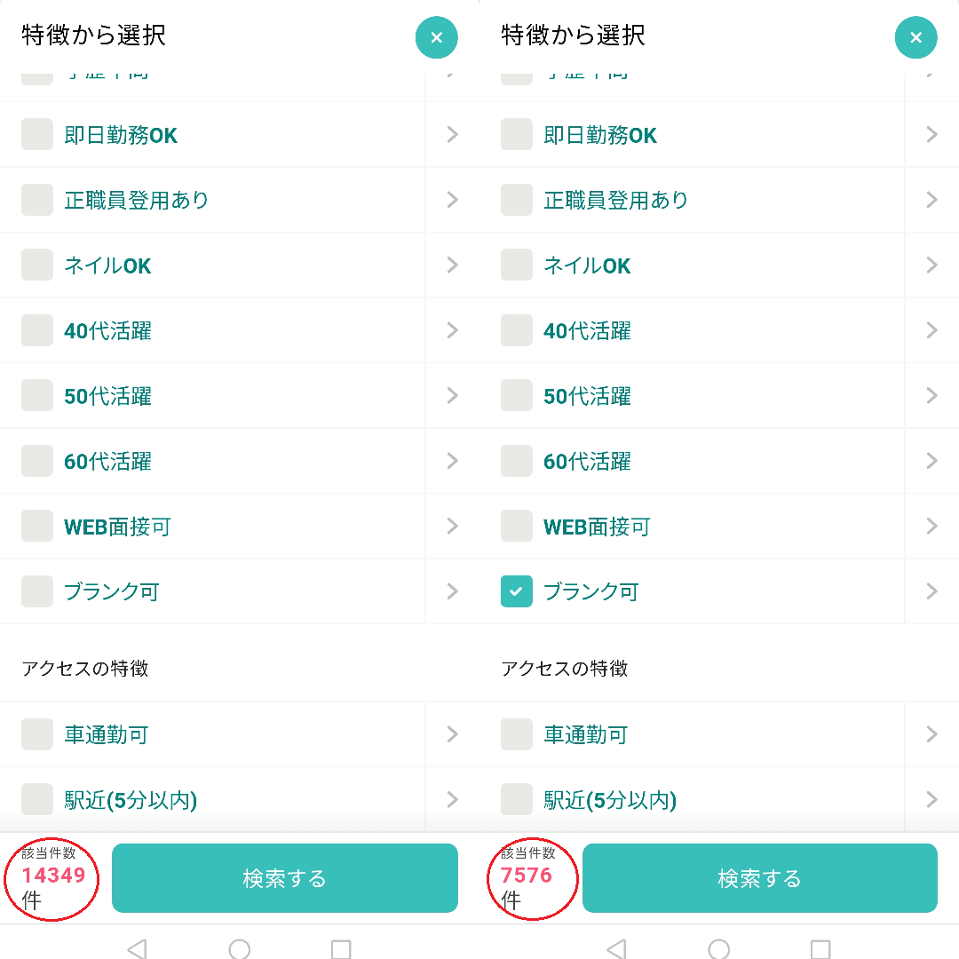 ブランクの有無による求人数の比較